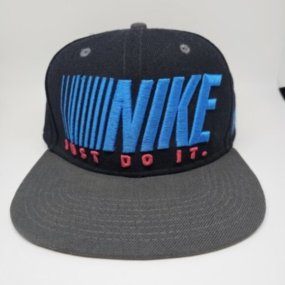 Vtg 90s NIKE Big Print Spellout Just Do It Snapback Hat/Cap Black/Blue/Pink 1 Sz - Picture 1 of 8